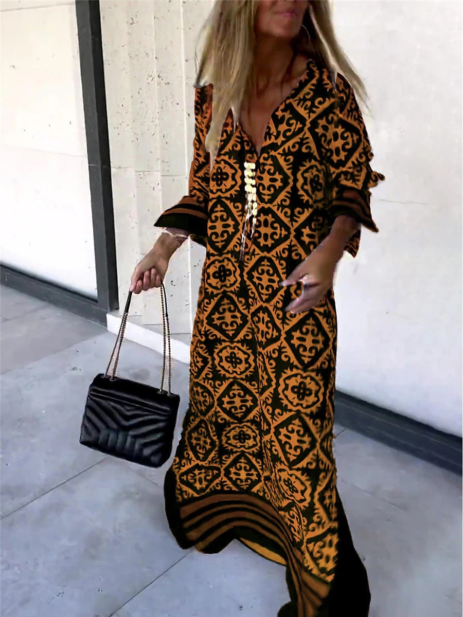 New Summer Retro Casual Geometric Colored Tribal Split V-Neck Long Sleeve Holiday Dress