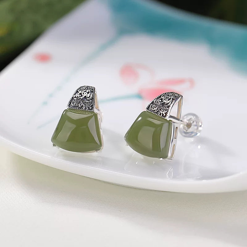 Vintage 925 Silver Tang Grass Pattern Fan-shaped Hetian Sapphire Stud Earrings Women's New Niche High-end Temperament Earrings