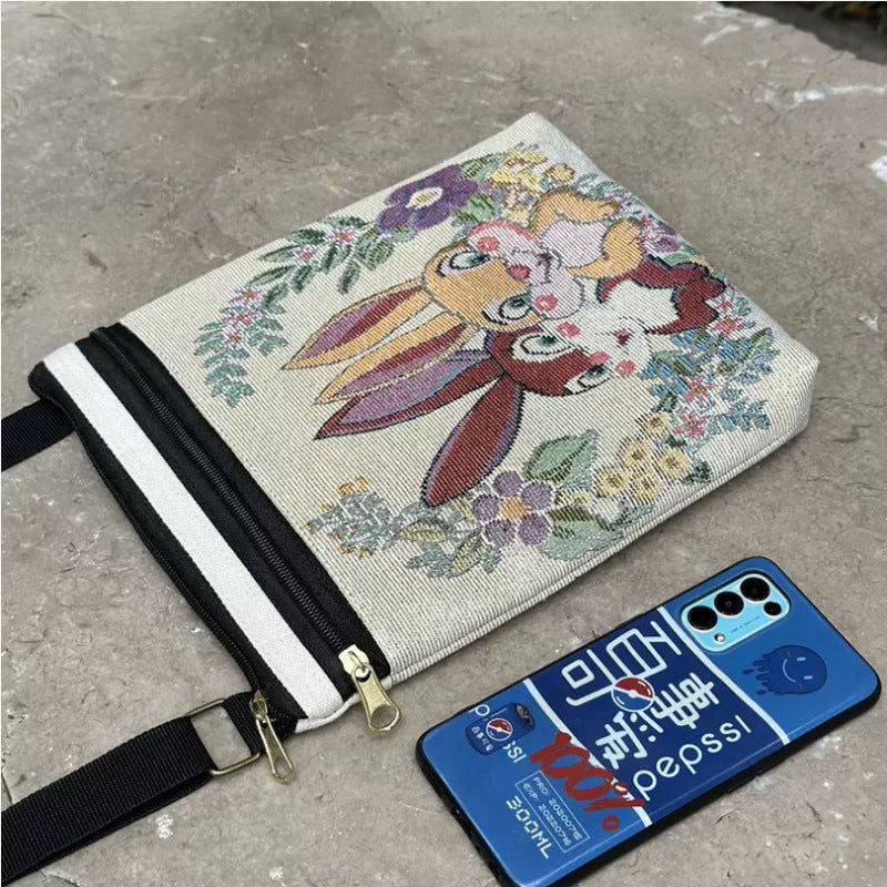 Woven Flower Cloth Bags, Retro Mobile Phone Change Bags, Two-layer Black Belts