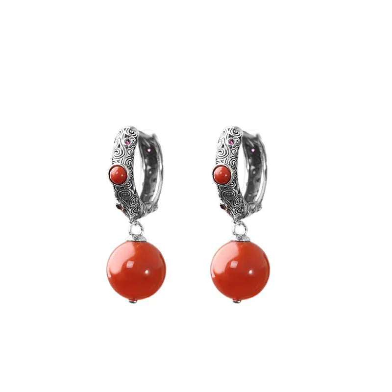 Ethnic Style Retro Classic Earrings with Red Beads Earrings Hollow Out Old Women's Temperament Ear Jewelry