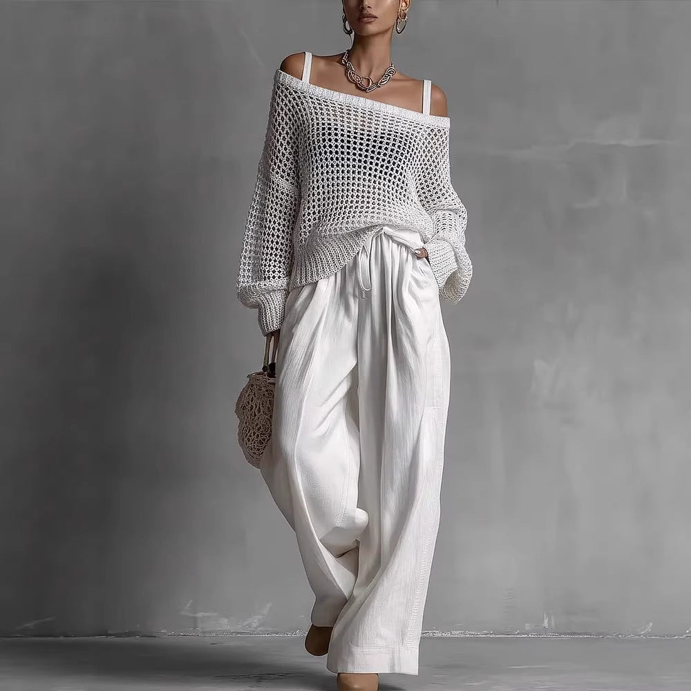 Popular Women's Comfortable Hollow Knitted Top and Linen Pants Two-piece Set