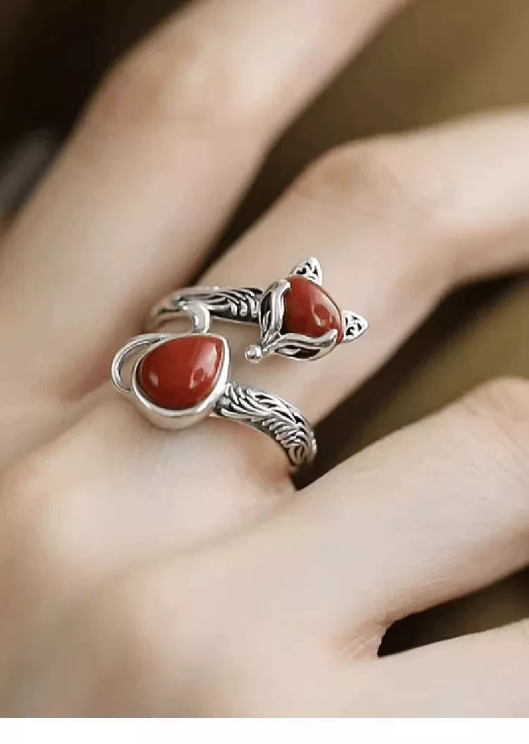 925 Silver Retro Ethnic Style Fox Ring Opening Adjustment Old Versatile Simple Jewelry