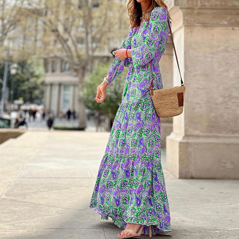 New Temperament V-neck Bohemian Print Swing Dress