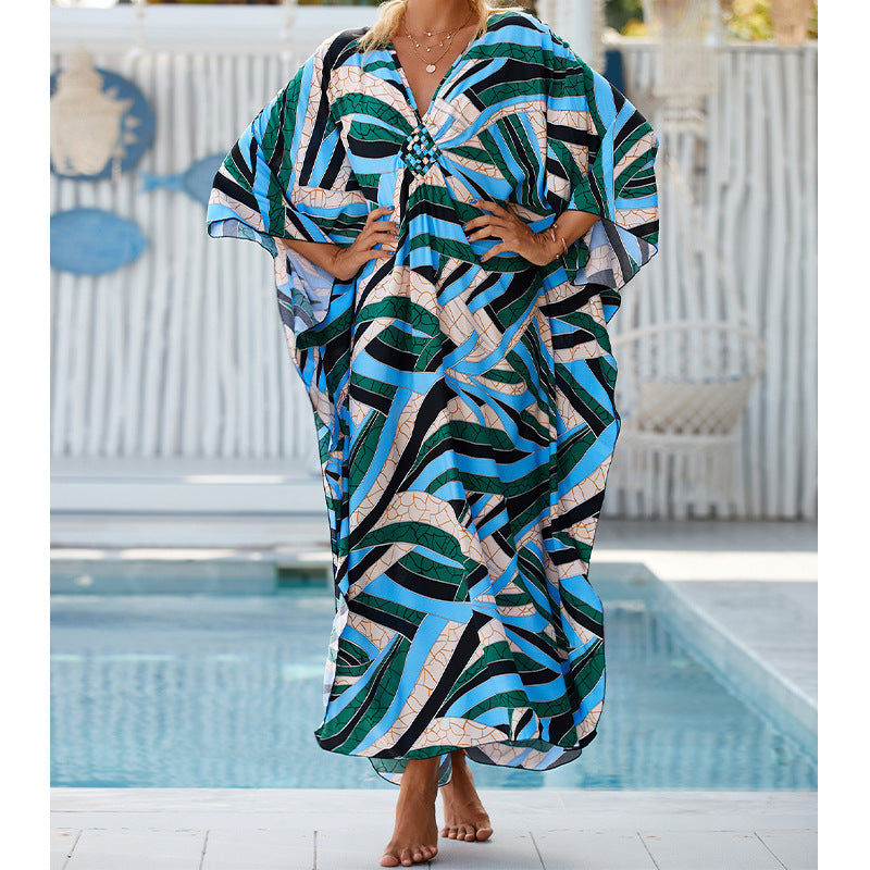 Summer Cotton Printed Beach Blouse Vacation Casual Bikini Sunscreen Beach Skirt