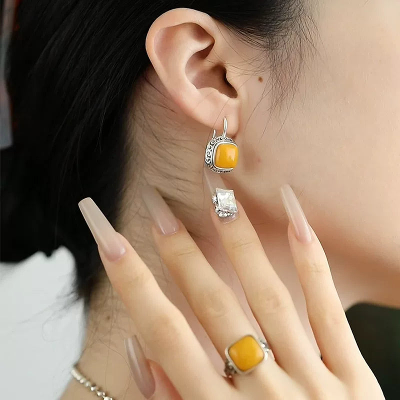 925 Silver Retro New Ethnic Style Chicken Oil Yellow Beeswax Square Ring Earrings Niche Design Premium