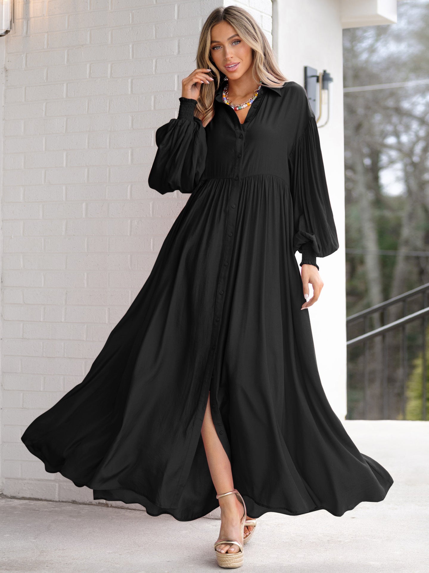 Autumn and Winter New Product Long Solid Color Dress Button Long Dress Loose Oversized Swing Skirt