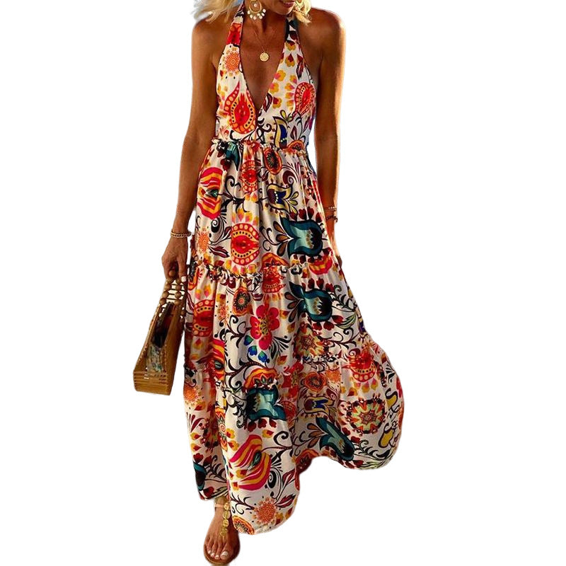 Summer New Style Fashion Deep V Halterneck Open Back Sleeveless Print Resort Beach Dress