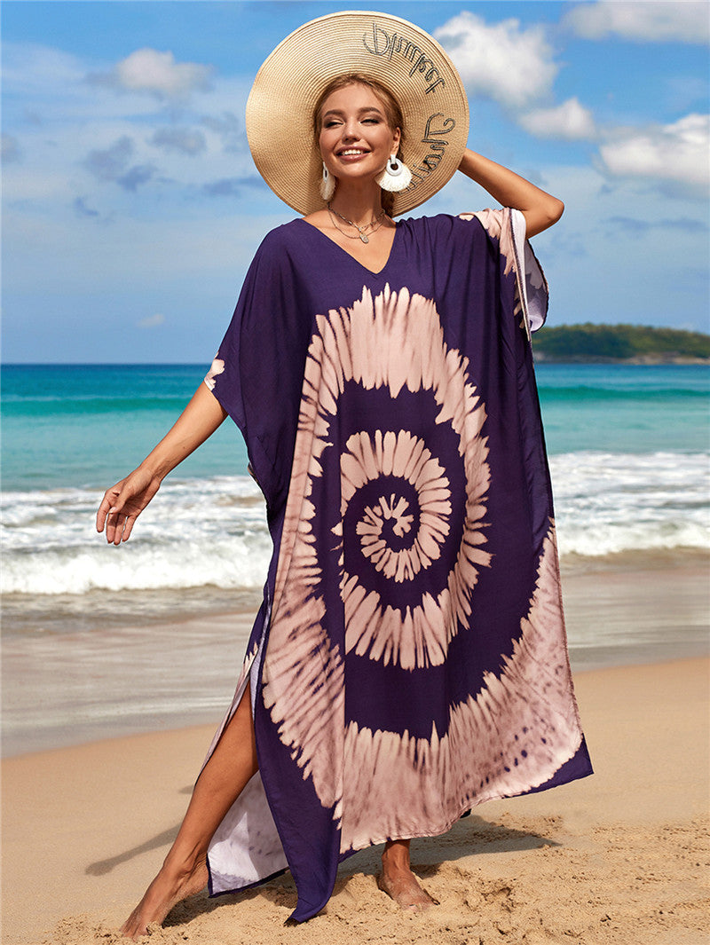 Hot Cotton Watermark Printed Beach Cover Up Robe Style Beach Vacation Sun Protection Bikini Cover Up