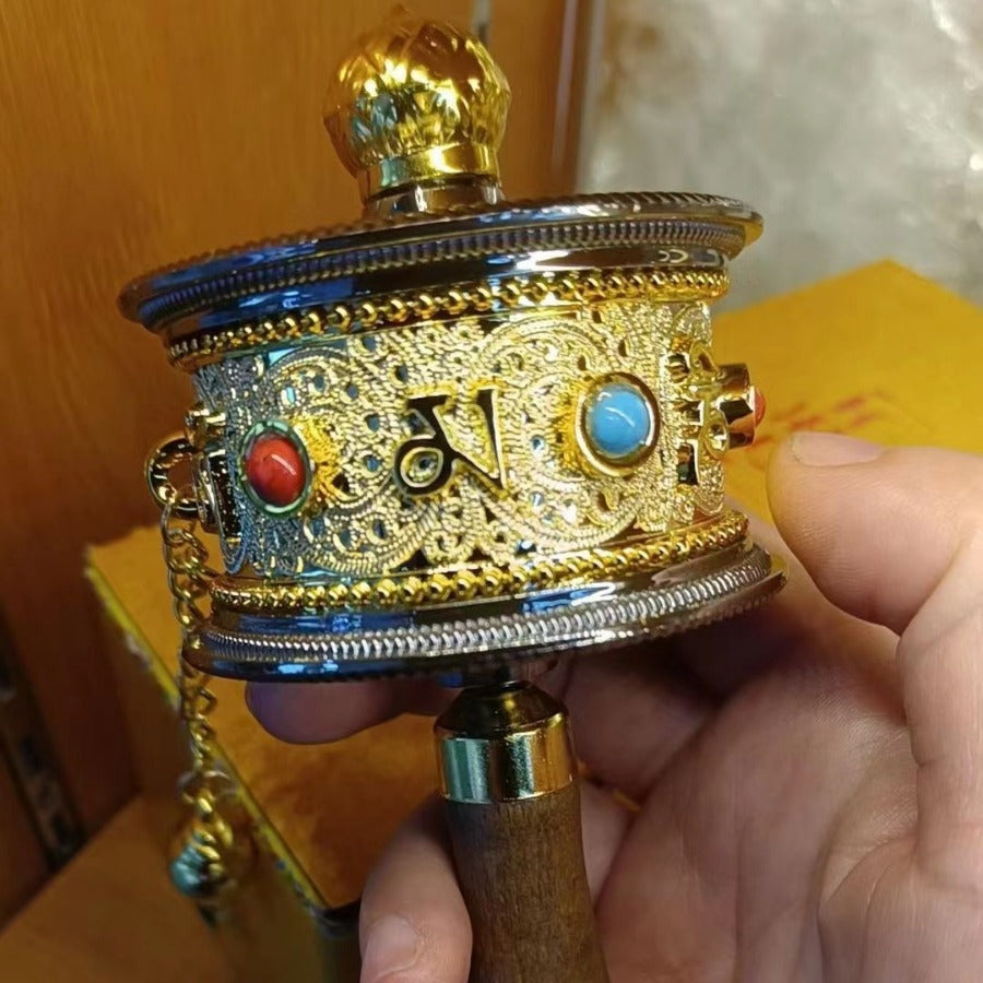 6 CM Hand-cranked Prayer Wheel Tibetan Pure Brass Hand-held Gold Barrel Six-character Mantra Household Tibetan Hand Prayer Wheel