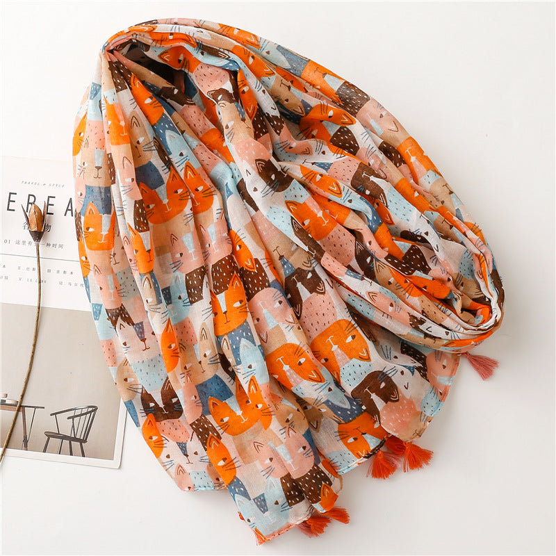 New Spring and Summer Fresh and Sweet Cartoon Cat Cotton and Hemp Scarf Balinese Thin Scarf Shawl