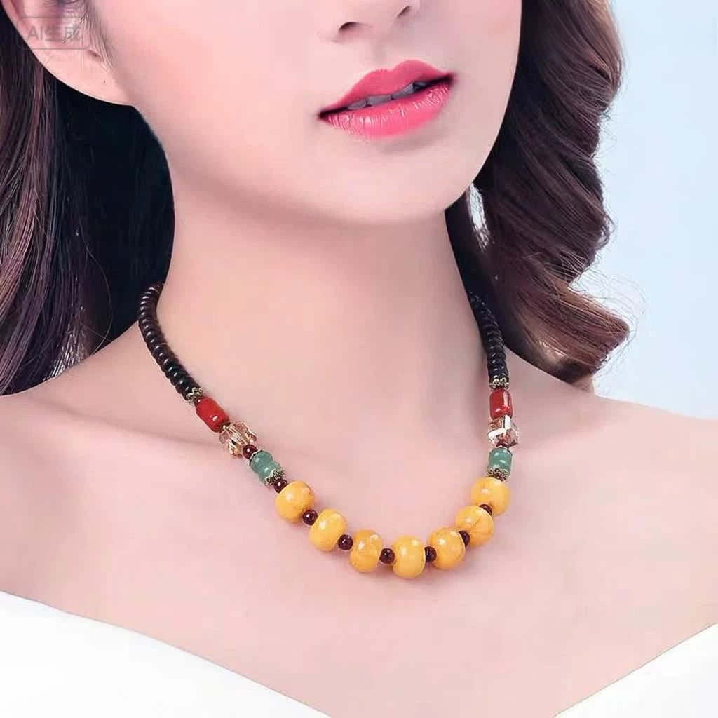 Original Design Classic Tibetan Beeswax Cake Necklace Chicken Oil Yellow Amber Clavicle Chain Female Ethnic Style Retro Neck Jewelry
