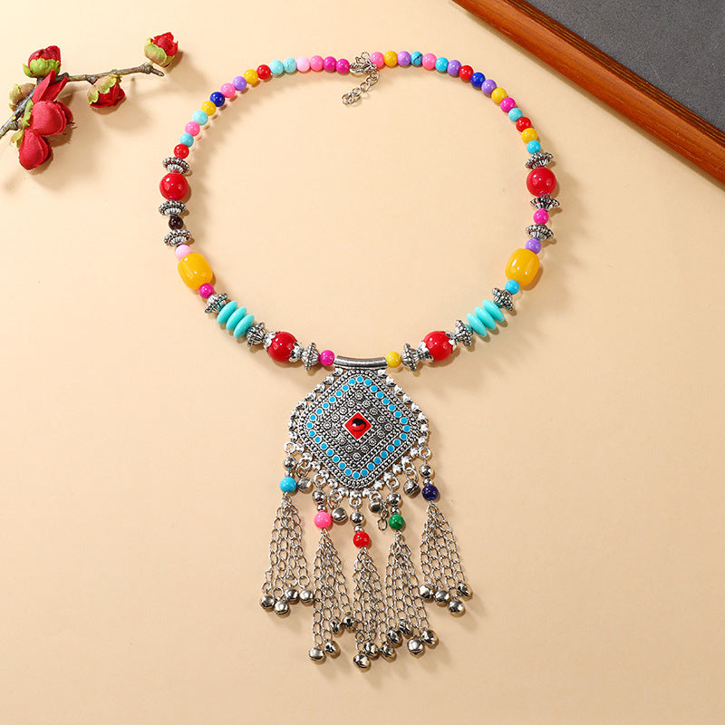 Retro Ethnic Tibetan Necklace Bell Tassel Colored Beaded Collar Sweater Chain Accessories