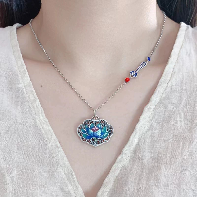S925 Anemone Heart Sutra Necklace for Men and Women Painted with Lang Lotus Ruyi Lock Pendant Vintage Clavicle Chain