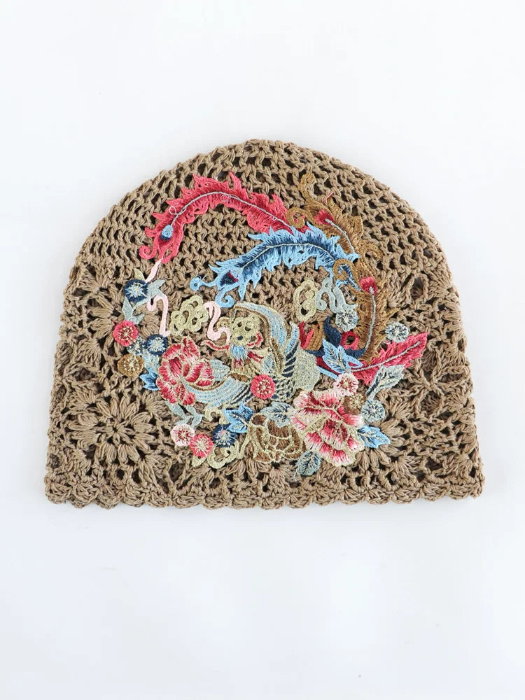 Ethnic Style Phoenix Embroidery Women's Headscarf Cover White Autumn Hat Hollow Knitting Heap Headscarf Woven Hat
