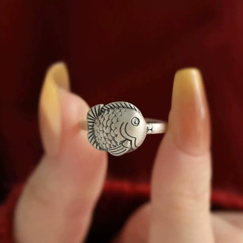 925 Silver Retro New Good Luck Koi Small Carp Ring Opening Adjustment Niche Design