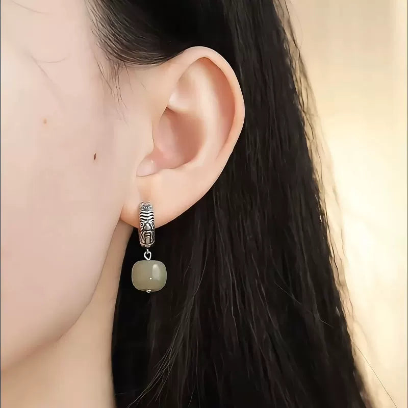 Vintage 925 Silver Zakiram Barrel Bead Ear Buckle Women's New Ethnic Style Hetian Jade Earrings