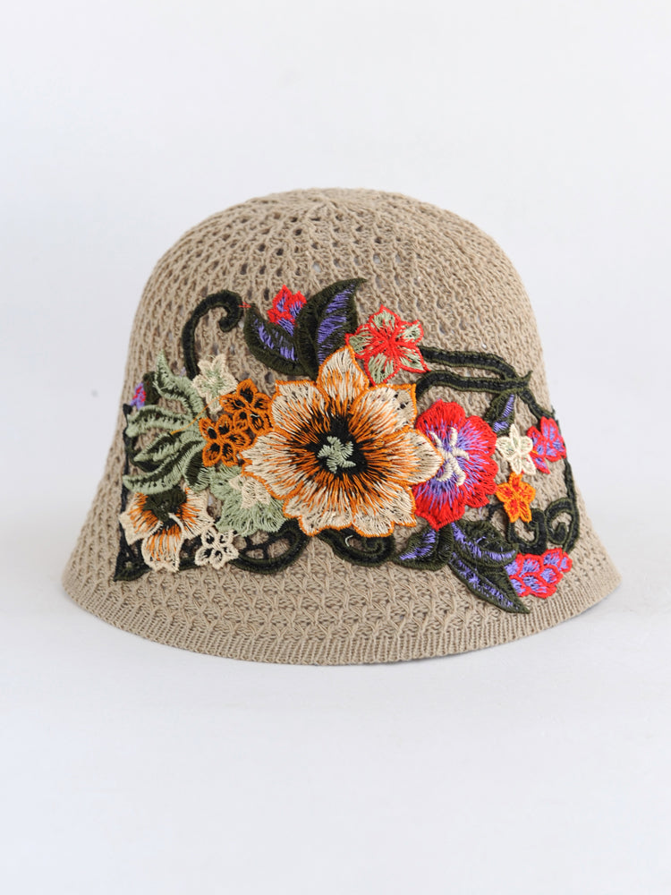 Ethnic embroidered flowers in summer breathable hollow sunscreen fisherman hat female sunshade Joker bucket hat Sun basin hat