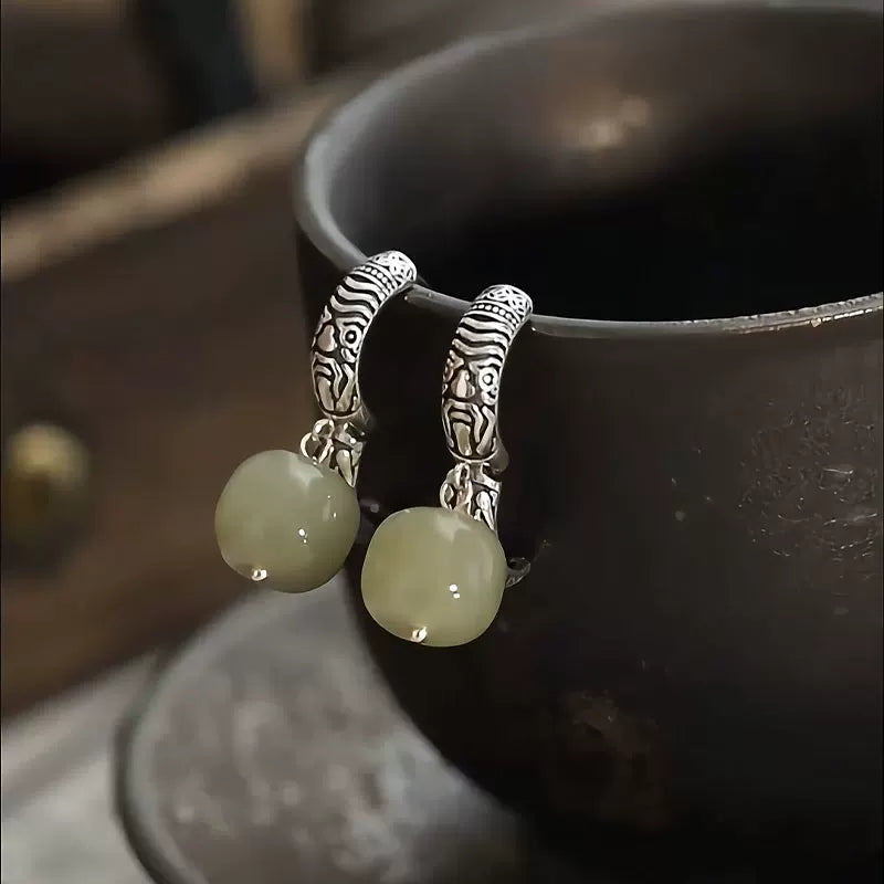 Vintage 925 Silver Zakiram Barrel Bead Ear Buckle Women's New Ethnic Style Hetian Jade Earrings