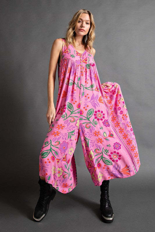 Summer New Women's Retro Print Loose Sleeveless jumpsuit