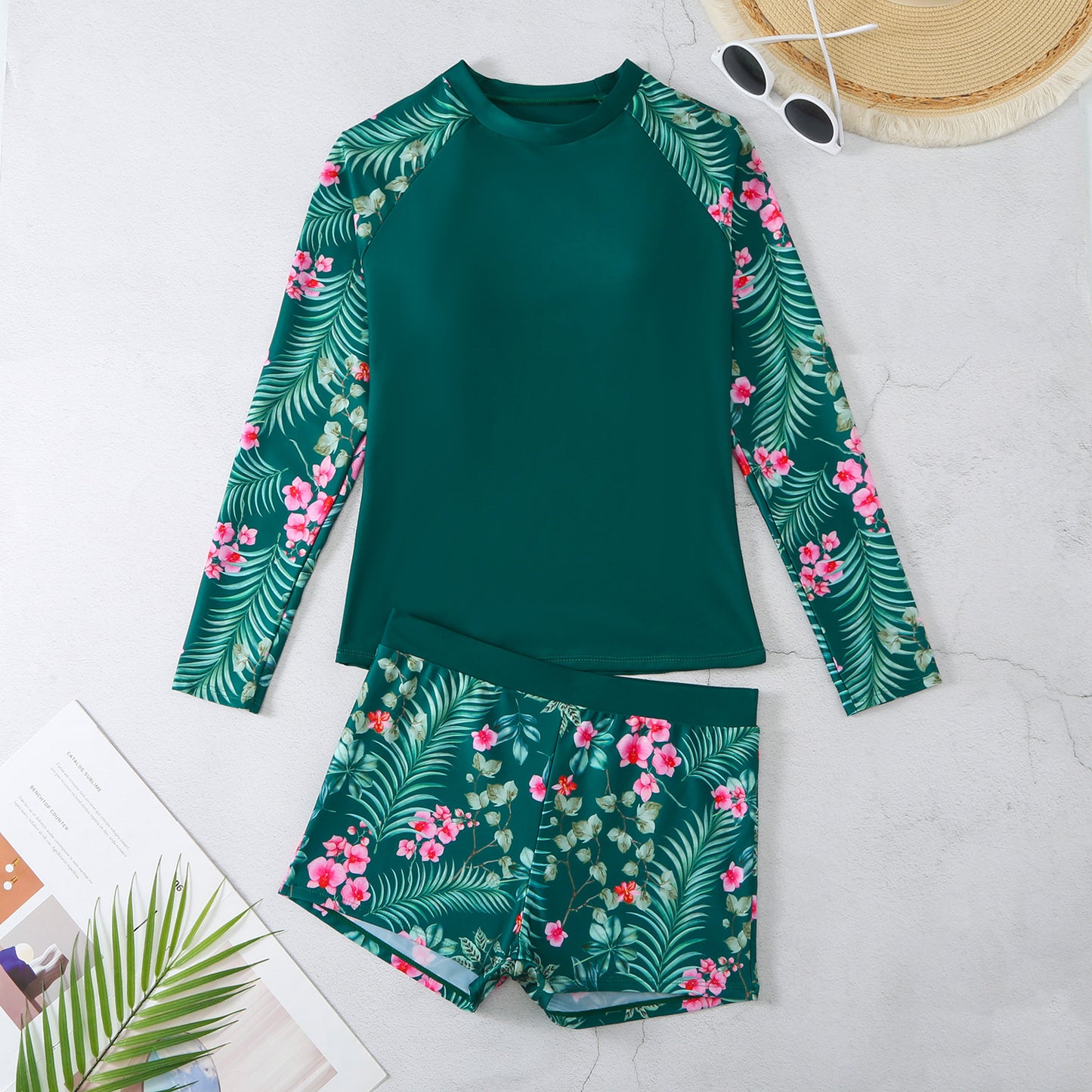 New Swimwear Long sleeved Digital Printed Conservative Women's Split Bikini Swimwear