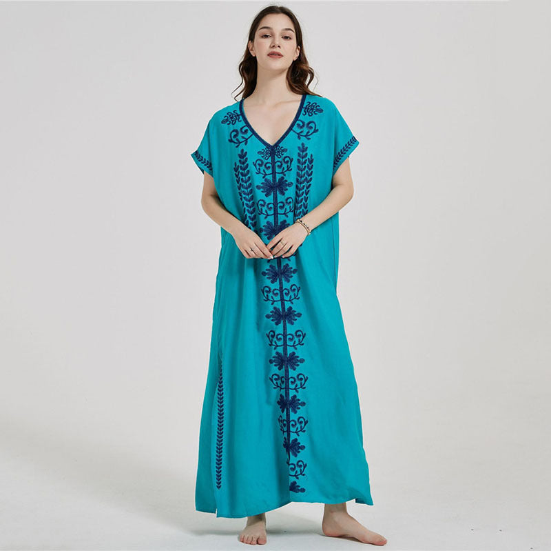 Artificial Cotton Embroidered Beach Cover Up, Long Robe Style Embroidered Dress, Beach Bikini Sun Protection Cover Up