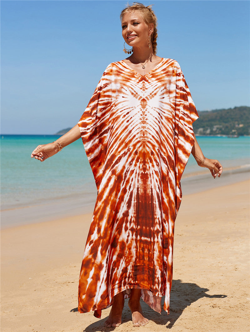 Hot Cotton Watermark Printed Beach Cover Up Robe Style Beach Vacation Sun Protection Bikini Cover Up