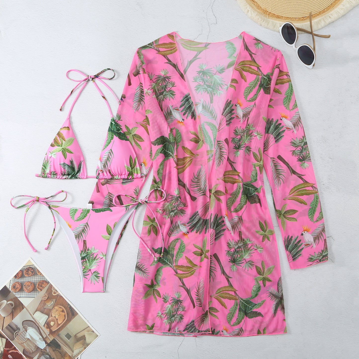 5 Colors Swimwear Printed Mesh Three-piece Cover-up Bikini Swimsuit