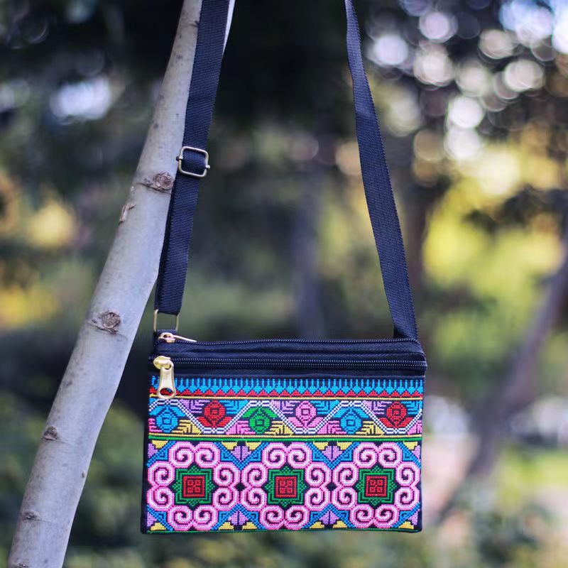 New Ethnic Style Cross Stitch Wallet Double Pull Crossbody Bag One Shoulder Embroidery Bag