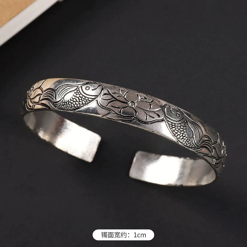 Handmade Miao Silver Old Bracelet Female Ethnic Style Retro Court Chinese Sculpture Ancient Silver Bracelet Personality Exotic Bracelet