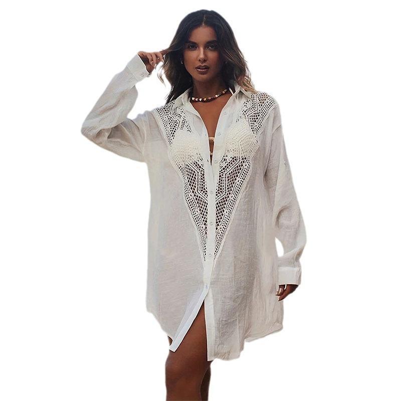 Lace Spell Bamboo Shirt Beach Blouse Sexy Hollow Sunscreen Bikini Blouse Cover Up