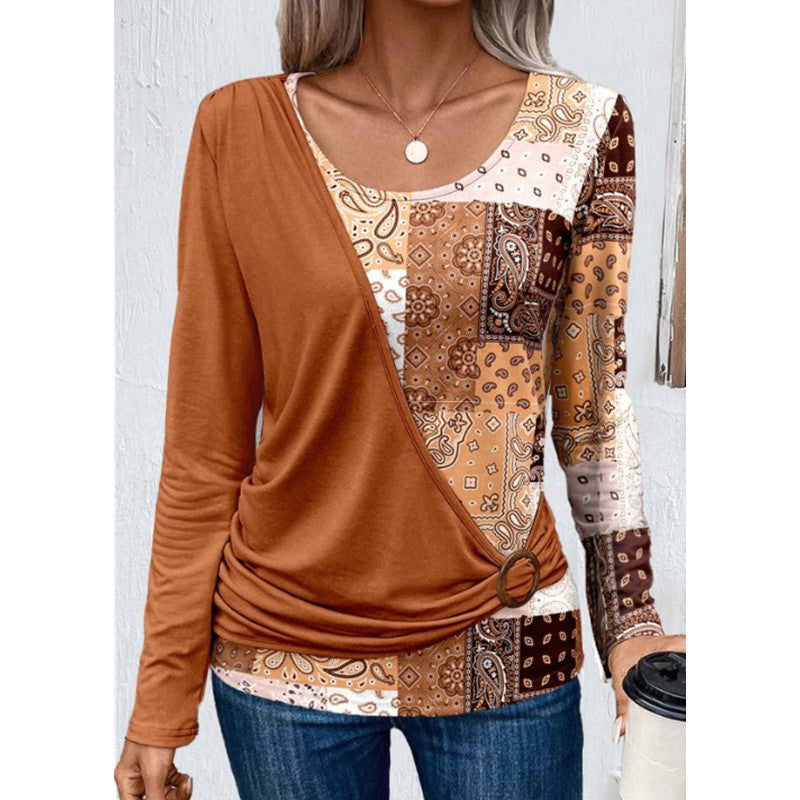 Autumn Printing Solid Color Stitching Casual Long-sleeved Knitted T-shirt