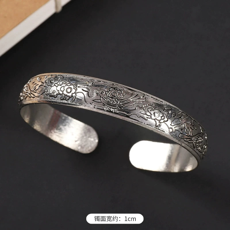 Handmade Miao Silver Old Bracelet Female Ethnic Style Retro Court Chinese Sculpture Ancient Silver Bracelet Personality Exotic Bracelet