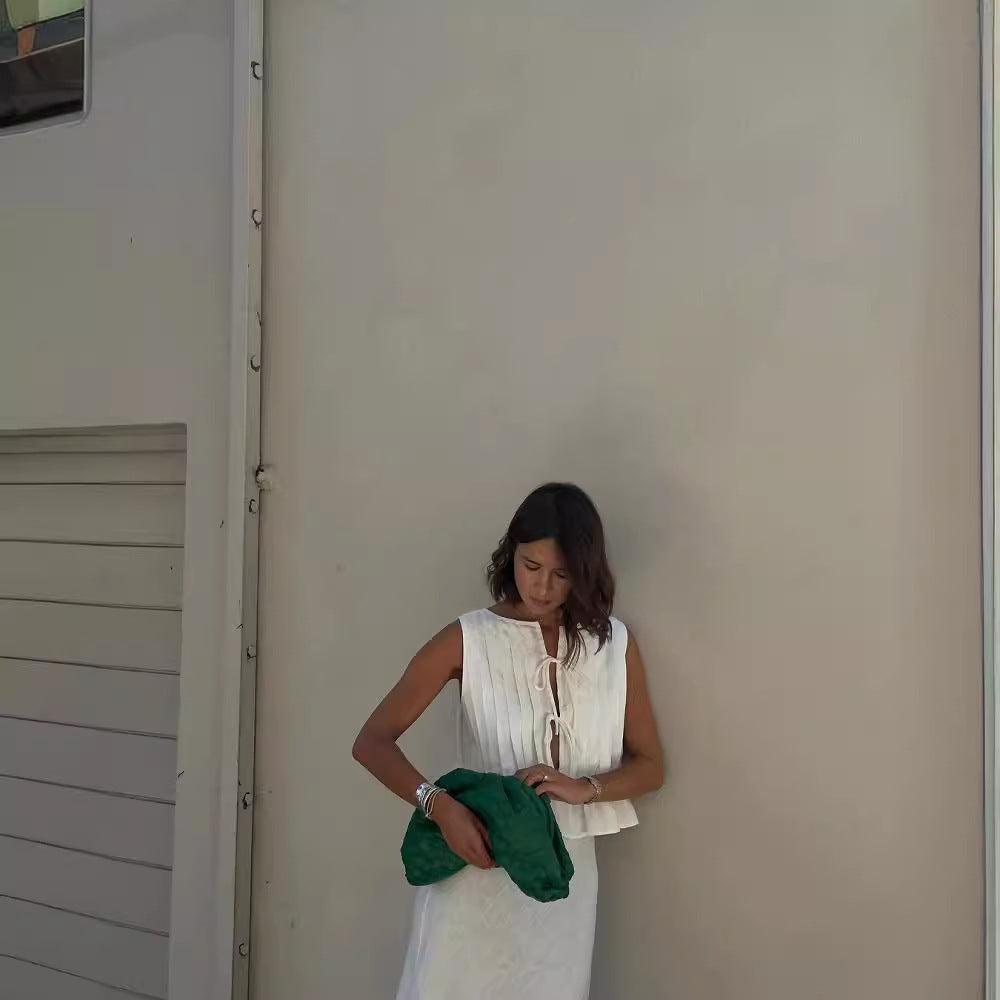 6 Colors Breathable Cotton and Linen Pleated Sleeveless Straps, Women's Shirts, High Street Long Skirts.