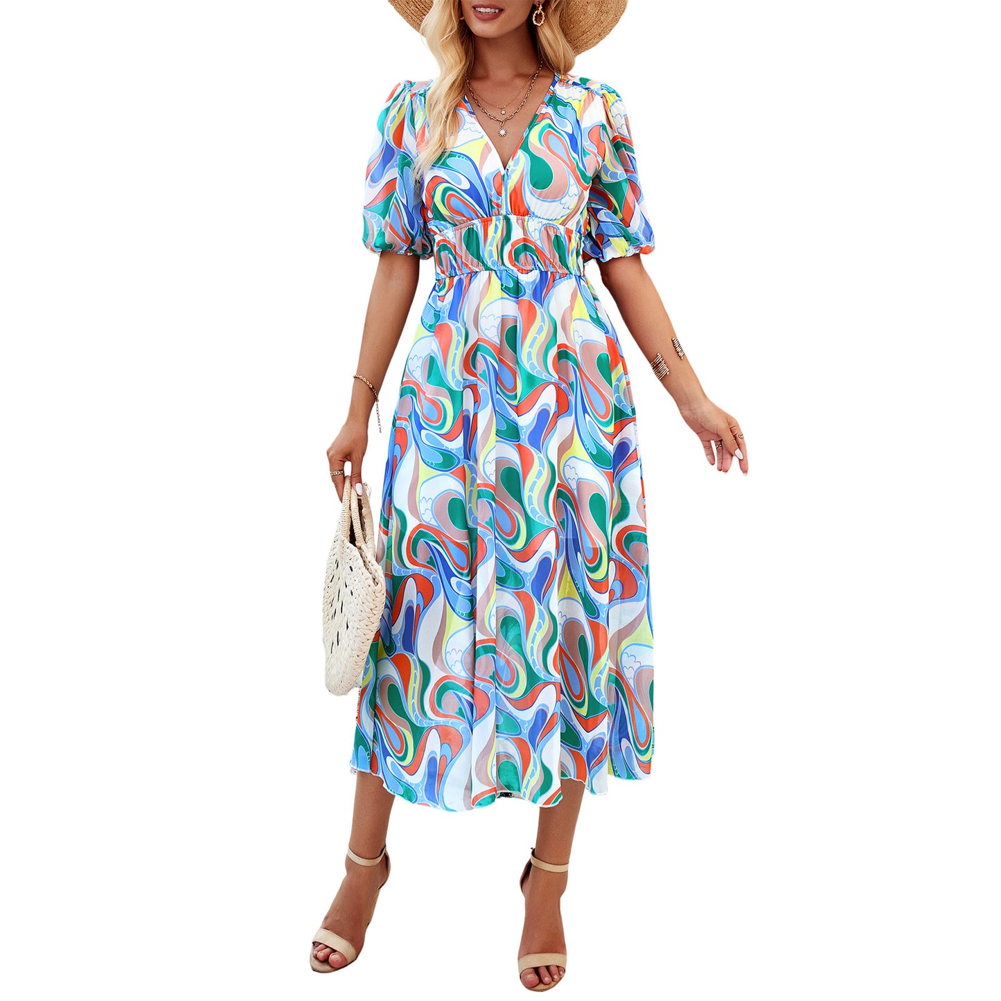 Women's Dress Spring and Summer Elegant Printed Waist V-neck Long Dress