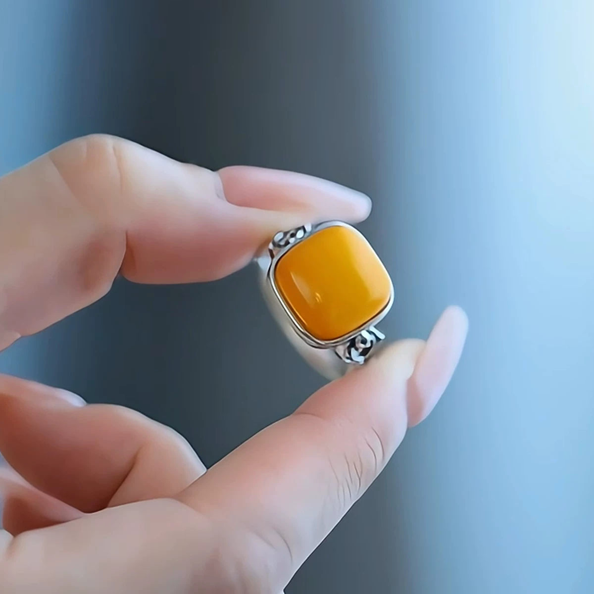 925 Silver Retro New Ethnic Style Chicken Oil Yellow Beeswax Square Ring Earrings Niche Design Premium