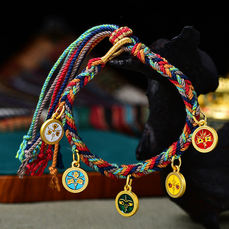 Hand-woven Tibetan Five-way Hand Rope Hand-rubbed Cotton Four-strand Bracelet Jewelry Retro Ethnic Style Bracelets for Men and Women.