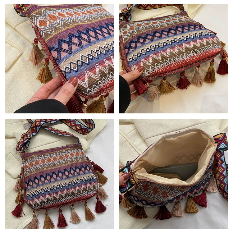 Small Fresh Ethnic Style Crossbody Bag for Women's New Fashion Versatile Wide Shoulder Strap Single Shoulder Bag Tassel Bucket Bag