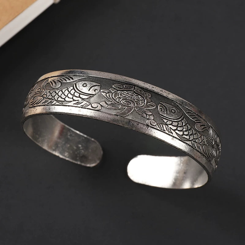 Handmade Miao Silver Old Bracelet Female Ethnic Style Retro Court Chinese Sculpture Ancient Silver Bracelet Personality Exotic Bracelet
