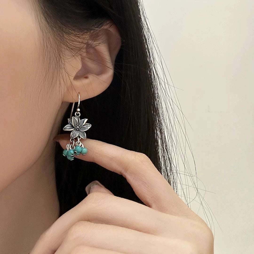 925 Silver Retro New Tibetan Lotus Fringed Turquoise Earrings Women's Ethnic Style Old Niche Design High Sense
