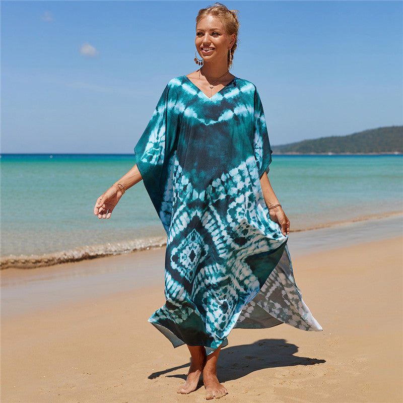 Hot Cotton Watermark Printed Beach Cover Up Robe Style Beach Vacation Sun Protection Bikini Cover Up