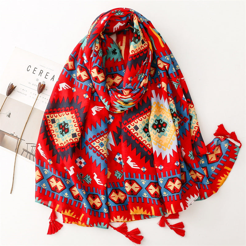 Retro Ethnic Style Red Geometric Bohemian Sunscreen Shawl Cotton Hemp Hand Scarf