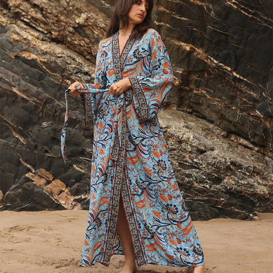 New Blouse Summer Cotton Printing Thin Blouse Bikini Summer Sunscreen Blouse Boho Kimono