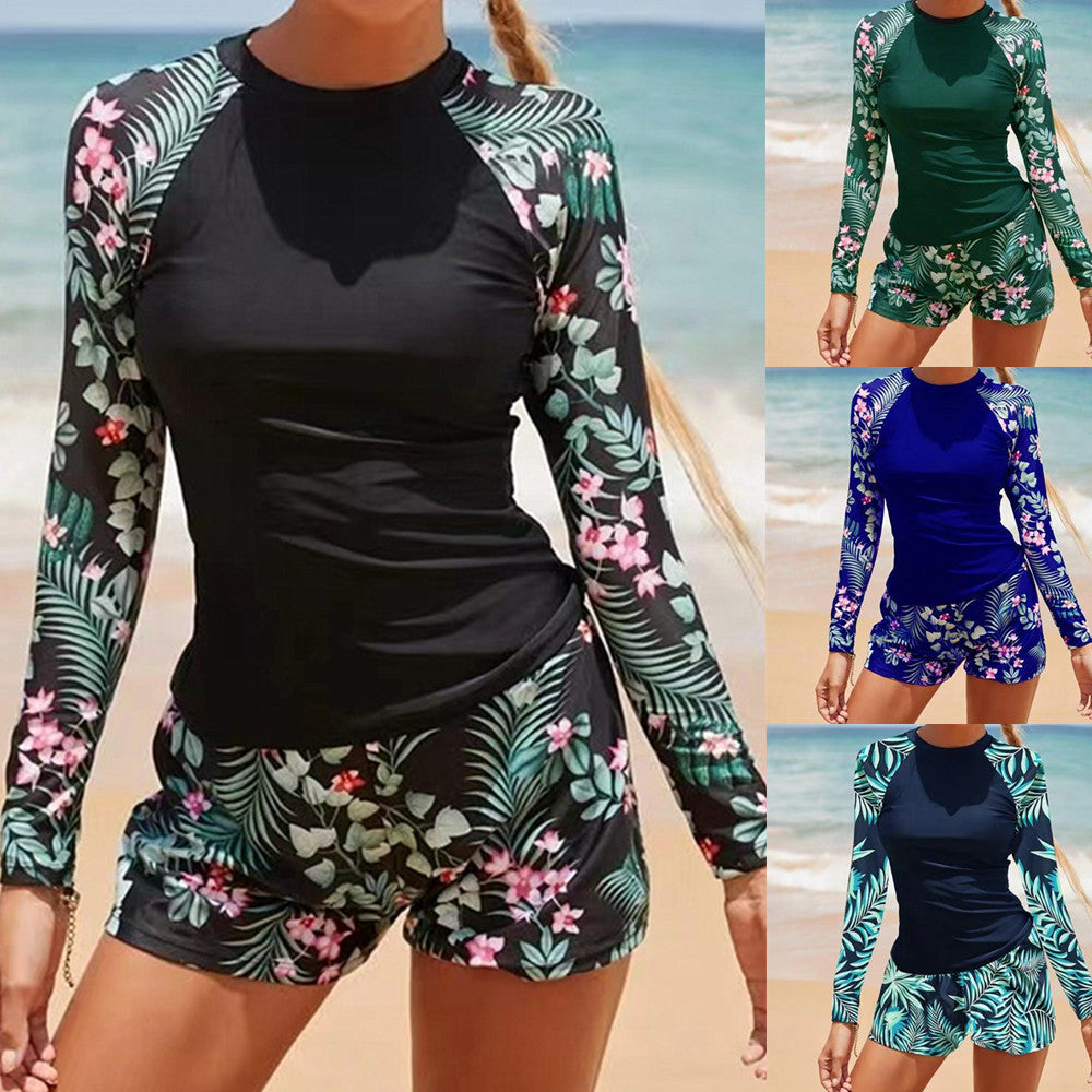 New Swimwear Long sleeved Digital Printed Conservative Women's Split Bikini Swimwear