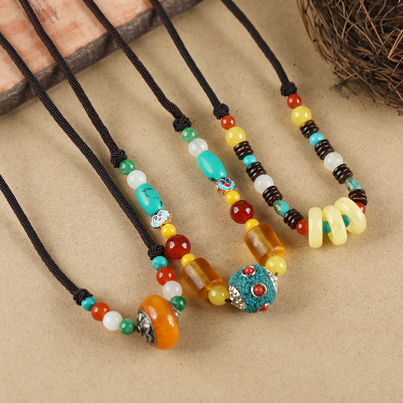 Vintage Handmade Ethnic Style Tibetan Short Necklace Feminine Personality Nepal Honey Wax Accessories Pendant Clavicle Chain