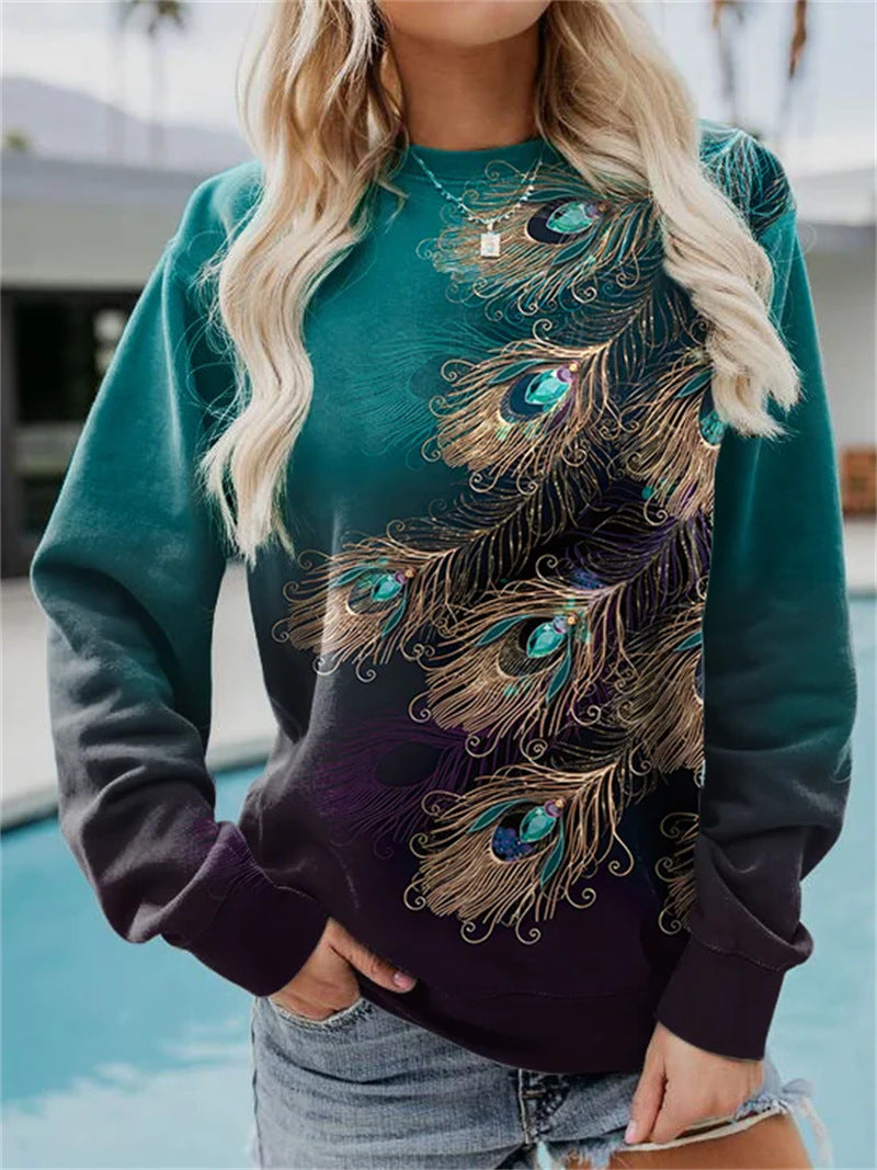 Autumn and Winter Geometric Loose Feather Printing Long-sleeved Round Neck Sweater