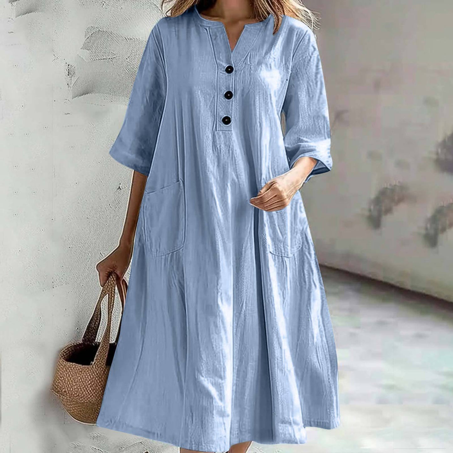 Women's Dress Women's Medium and Long V-neck Half-sleeve Cotton and Linen Loose Version Three-button Pocket Dress