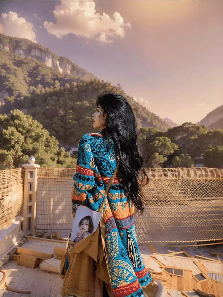 Ethnic Style Knitted Sweater Jacket Top Women's Autumn Fringed Warm Thickened Loose Medium and Long Cardigan