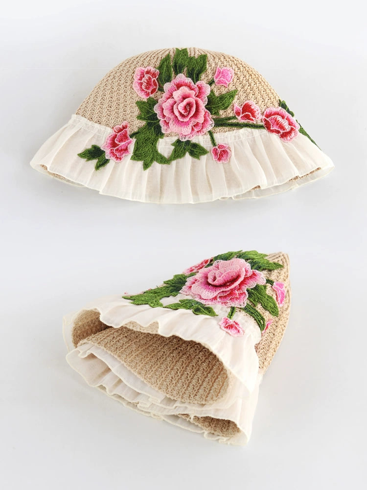 Ethnic Style Embroidery Flower Summer Visor White Brim Sun Hat Bucket Hat Sun Protection Knitted Hat