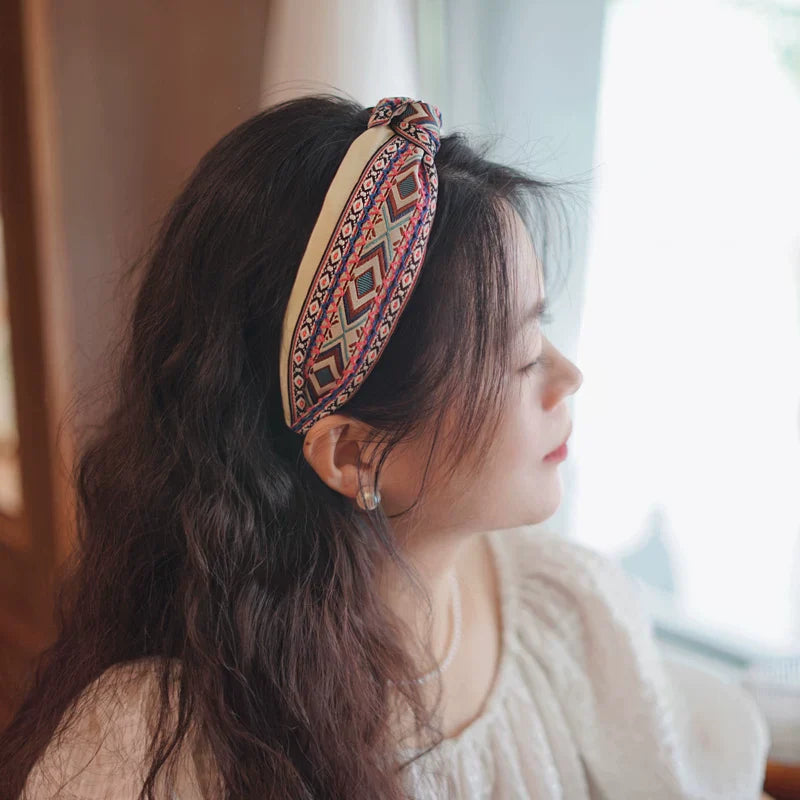 Bohemian Ethnic Wind Embroidery Knotted Headband High Skull Top Big Head Circumference Hair Hole Headband
