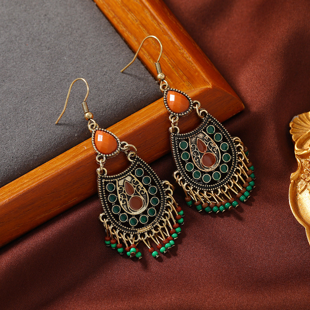 Bohemian Alloy Drop Oil Long Tassel Ethnic Style Earrings for Women's Retro Earrings